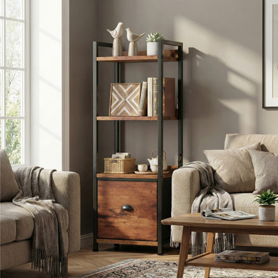 Bibliothèque 15 po à 4 niveaux avec tiroir, petite bibliothèque pour le salon, la chambre à coucher, étagère de rangement industrielle en bois et métal