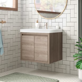 Modern Corner Bathroom Vanity Sink Combo, Wall Mounted Bathroom Cabinet Set  with 2 Doors and White Ceramic Basin Sink Top Floating Bathroom Vanity