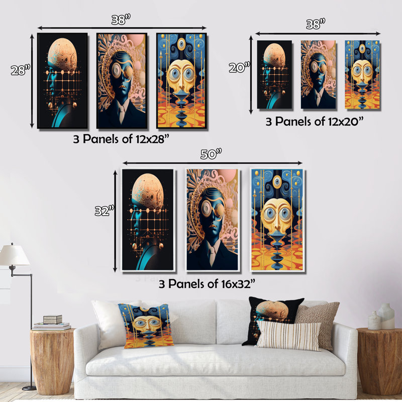 «Sci-Fi Portrait Of Blue Futur Man», 3 pièces sur toile, Toile tendue, H 20 po x l 36 po