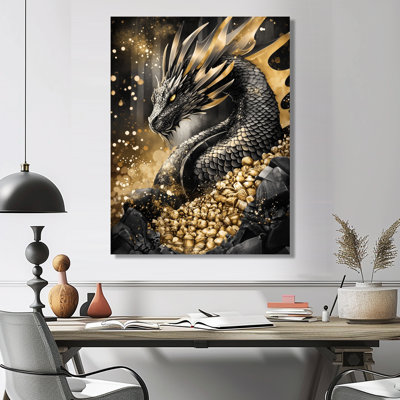 Golden Majestic Dragon Lair - Dragons Metal Wall Art, Modern Metal Print