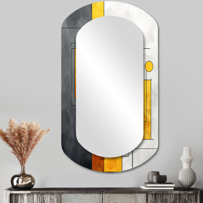 Jaune et gris géométrique fusion 6 - miroir cylindrique géométrique, miroir mural asymétrique jaune unique, impression d'art en métal