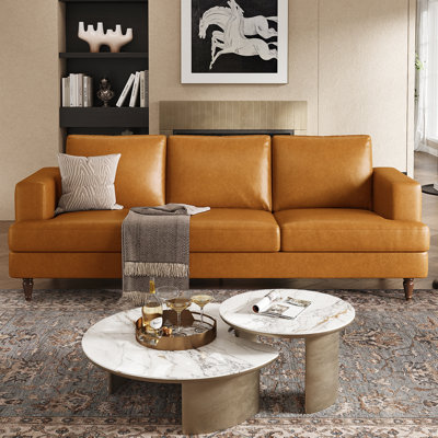 89" Mid-Century Modern Faux Leather Sofa with Square Arms and Tapered Wood Legs