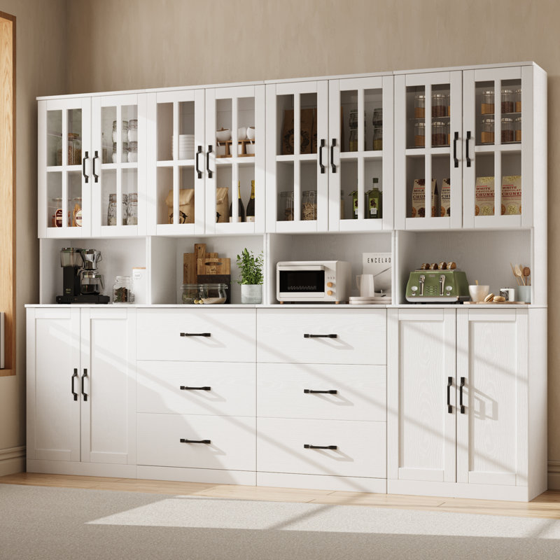 71" H X 94.5" W Kitchen Pantry With Bookcases, Glass Door Kitchen Hutch With Drawer And Spacious Countertops(AABB), White