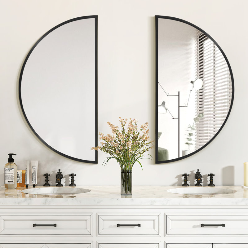 Round Metal Flat Wall Mirror (Set of 2), Black, 40" x 20"