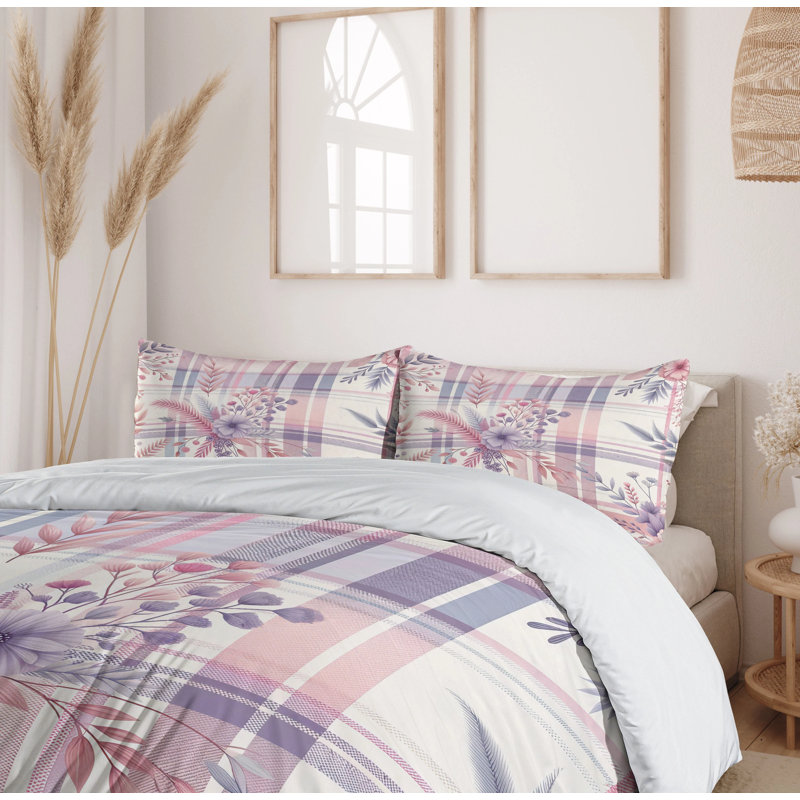 Lilac and Pale Pink Floral Plaid California King Duvet Cover Set