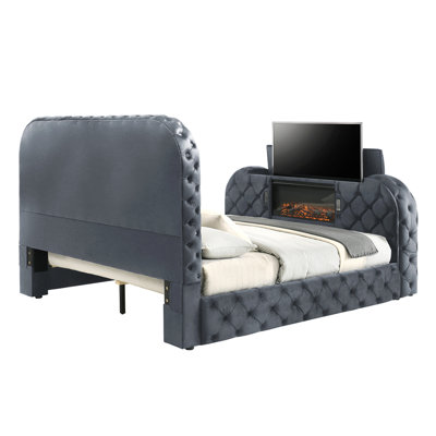 Gray Upholstery Velvet Eastern King Bed w/LED, Fireplace & TV Stand