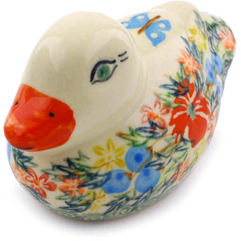 Figurine de canards en bleuets et papillonss en céramique