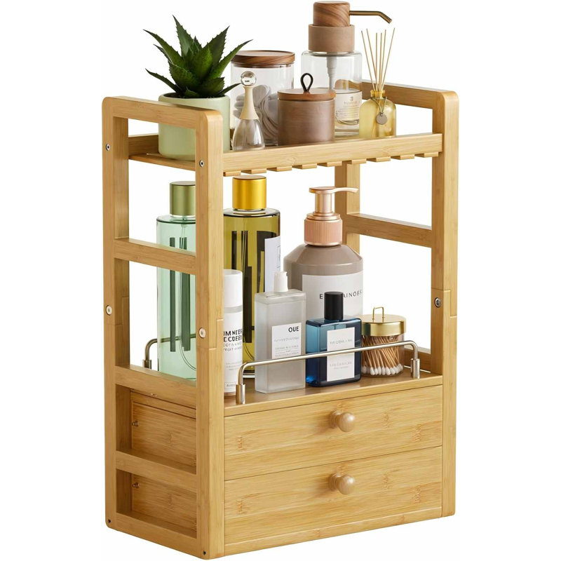 Organisateur de comptoir de salle de bain en bambou, organisateur de maquillage à 2 niveaux avec 2 tiroirs