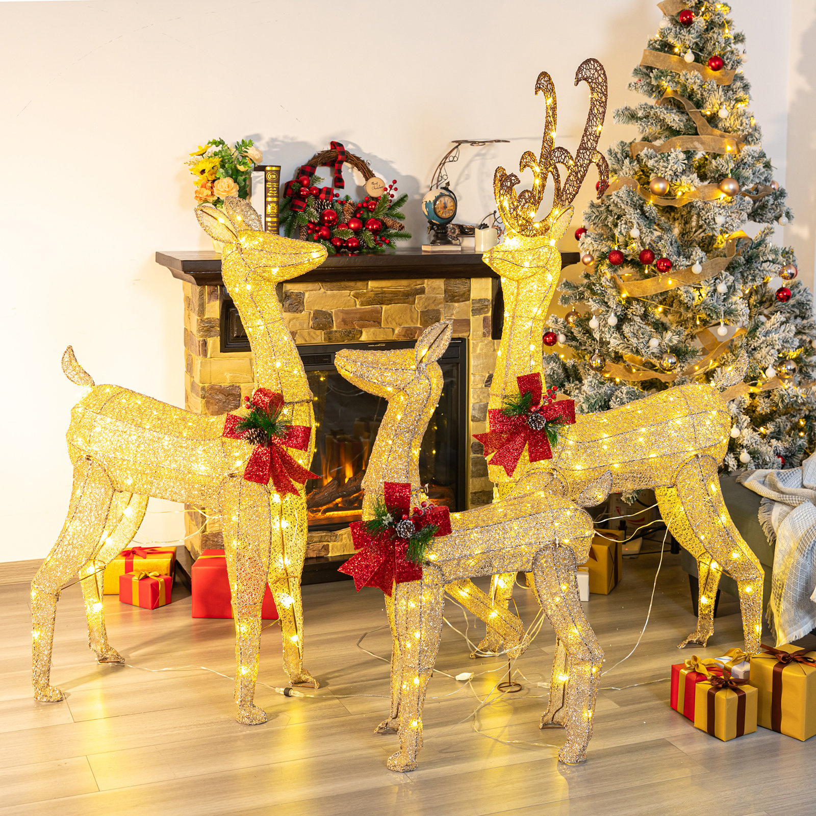 3-Piece Lighted Christmas Deer Set, Gold