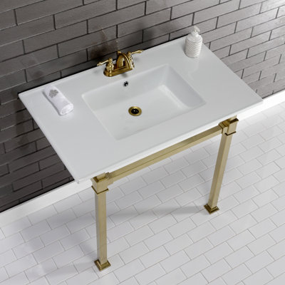 Kingston Brass Monarch 37-Inch Ceramic Console Sink with Stainless Steel Legs (4-Inch, 3-Hole)