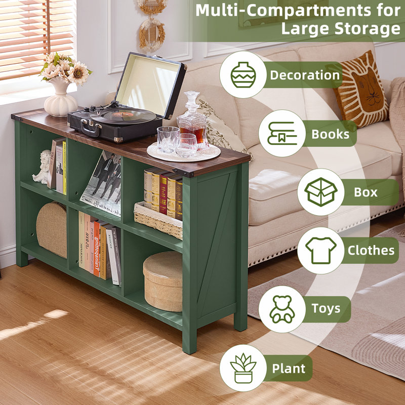 6 Cube Storage Organizer, Farmhouse Green 47 Inch Wide Horizontal Bookshelf, Wooden 2 Tier Display Book Shelf, Rustic Low Book Case For Living Room