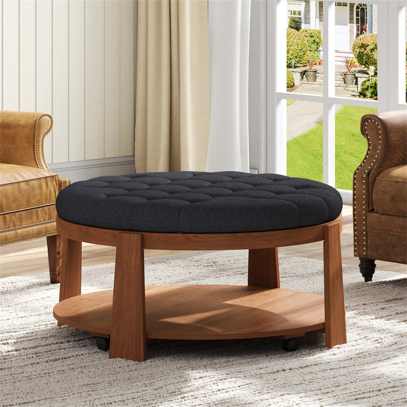 Versatile Tufted Ottoman Coffee Table with Shelf and Wheels for Living Room, Black/Brown
