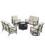 Ensemble de table de foyer en aluminium noir avec deux causeuses et deux fauteuils club