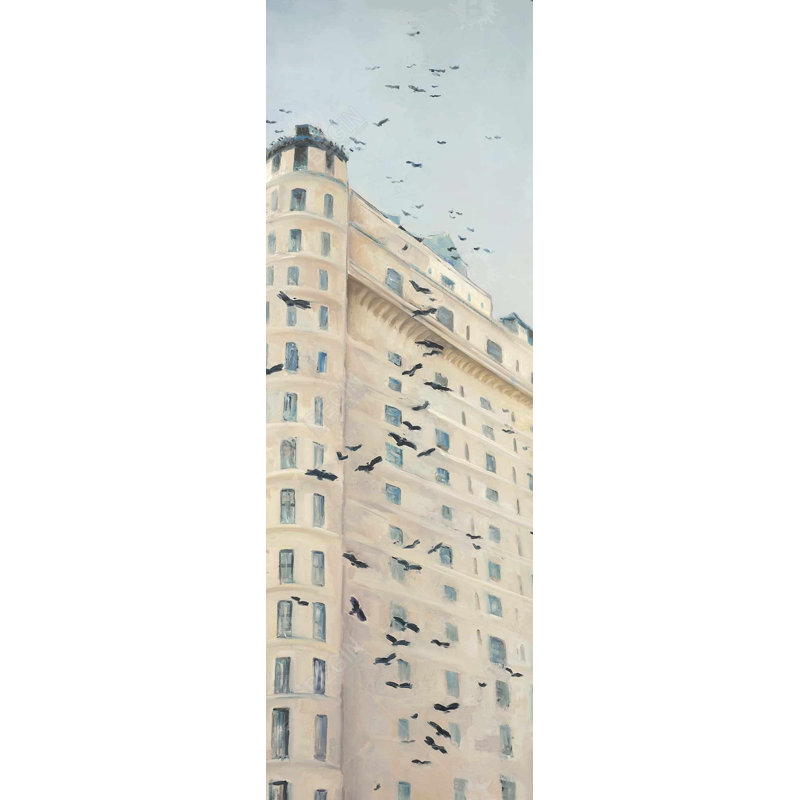 "Oiseaux qui volent devant un bâtiment" sur toile