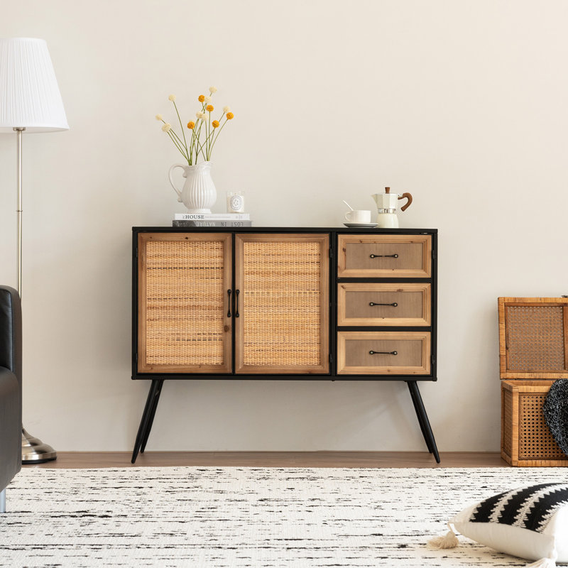 Industrial 43.3" Wide Accent Cabinet, Mid-Century Sideboard Storage Cabinet for Living Room, Dining Room, Entryway, Rattan