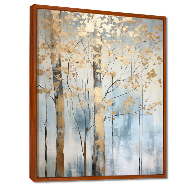 Or et bleu, arbres au trésor, paysage II - art mural arbres, H 20 po x l 12 po x P 1 po, Cadre flottant brun