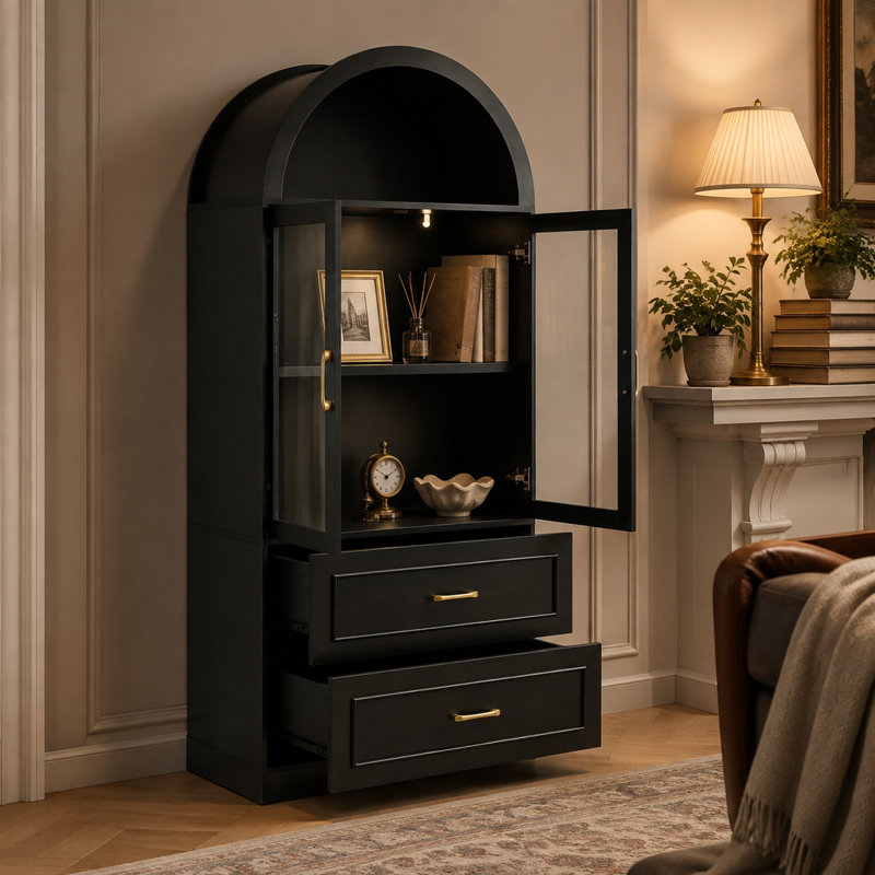 Meuble de rangement moderne noir à dessus arqué avec portes vitrées, étagères et tiroirs