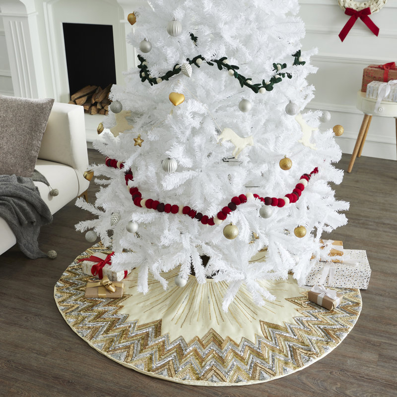 Handmade Christmas Tree Skirt - Hand Beaded Metallic Starburst on French Vanilla Silk, 72" W