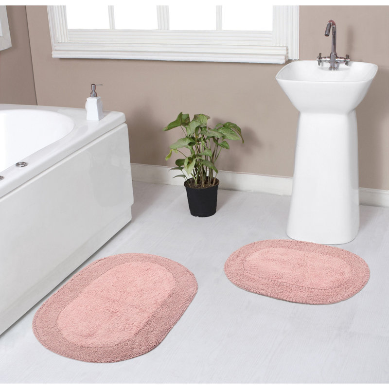 Yandel Double Ruffle Oval 100% Cotton Piece Bath Rug Set, Pink