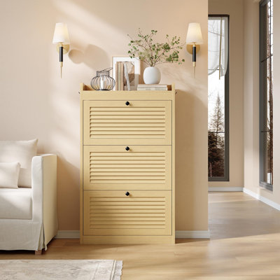 Wooden Shoe Cabinet with 3 Flip Drawers, Narrow Slim Shoe Rack Cabinet Large Hidden Shoe Organizer Cabinet for Studio Apartment Entryway/Hallway/Livin