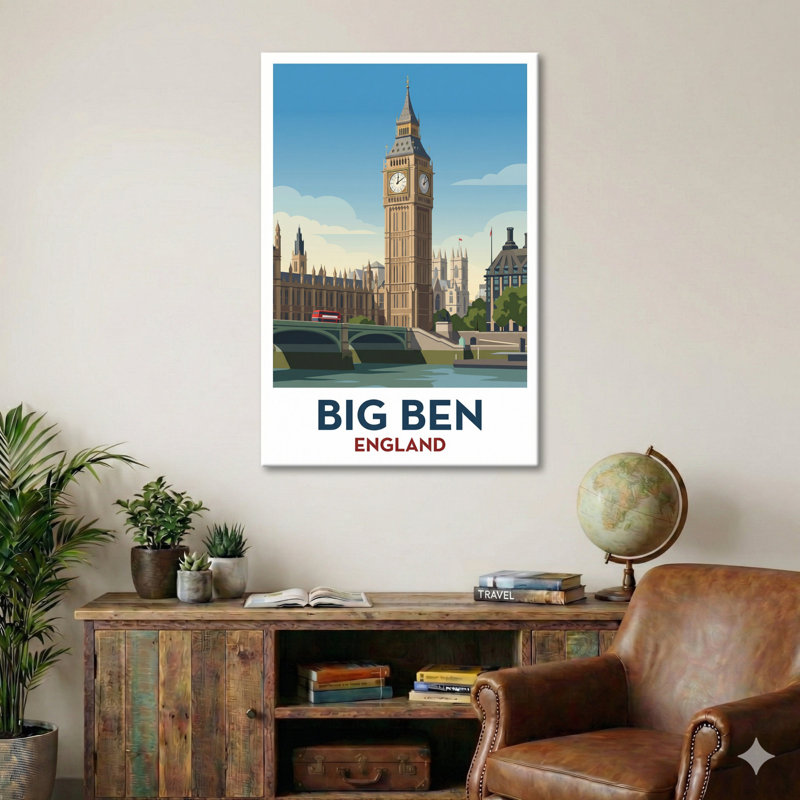 Big Ben, England - Romantic Travel Poster Of London's Iconic Clock Tower. Giclée Print On Wrapped Canvas. Wall Art, Home Decor - Iconic Buildings & Architecture, England - Wrapped Canvas Print