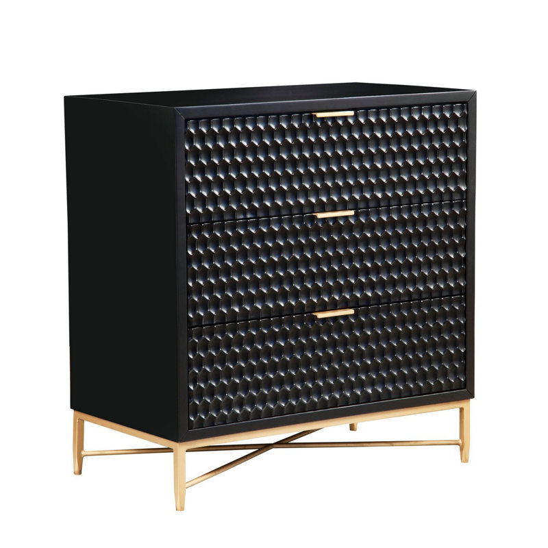 Commode 3 tiroirs l 32 po, Noir / or