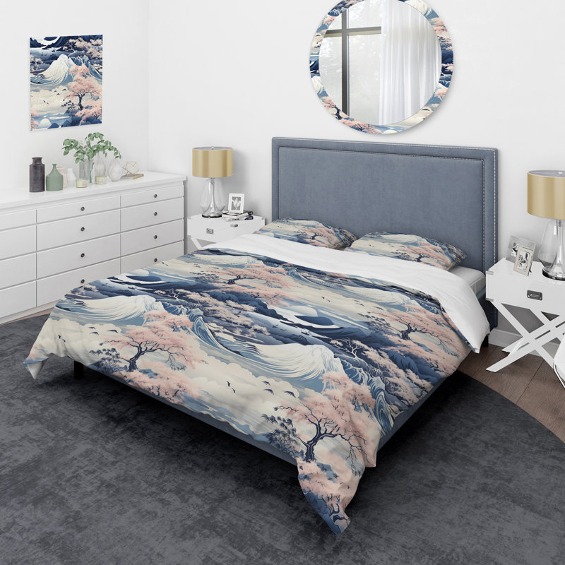 Ensemble de housse de couette japonais bleu et rose zen, Housse de couette pour grand lit et 2 taies décor