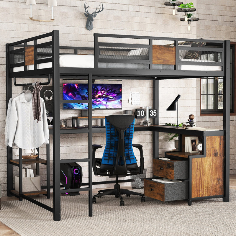 Grand lit mezzanine avec bureau et tiroirs de rangement en tissu non tissé, structure de lit mezzanine en métal avec échelles