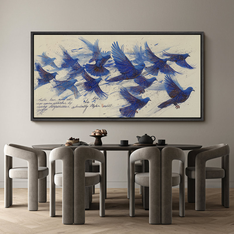 Animaux, vol élégant, oiseaux bleus vibrants, H 30 po x l 60 po, Noir, noir, noir, noir