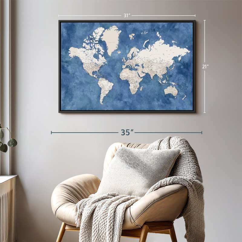 Amnen, carte du monde détaillée avec villes I, reproduction sur toile, H 21 po x l 31 po