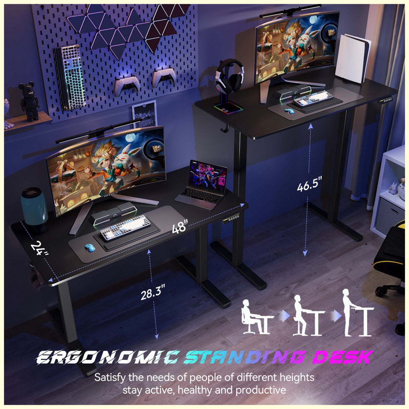 Bureau debout électrique à hauteur réglable 48 po x 24 po | 3 stations de travail d'ordinateur préréglées pour le bureau personnel, le bureau et les jeux vidéo