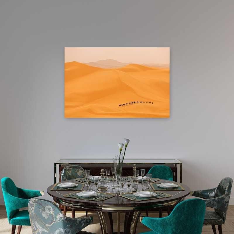 «Golden Desert Caravan Peaceful Serene Tranquil Landscape Nature», reproduction d'art murale, H 32 po x l 48 po