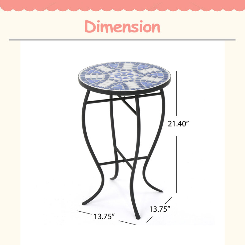 Table d'appoint ronde facile à assembler avec plateau de style mosaïque et pieds en fer courbés, table de bout facile à assembler