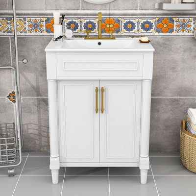 Meuble-lavabo simple contemporain en bois avec lavabo demi-lune en céramique et rangement réglable