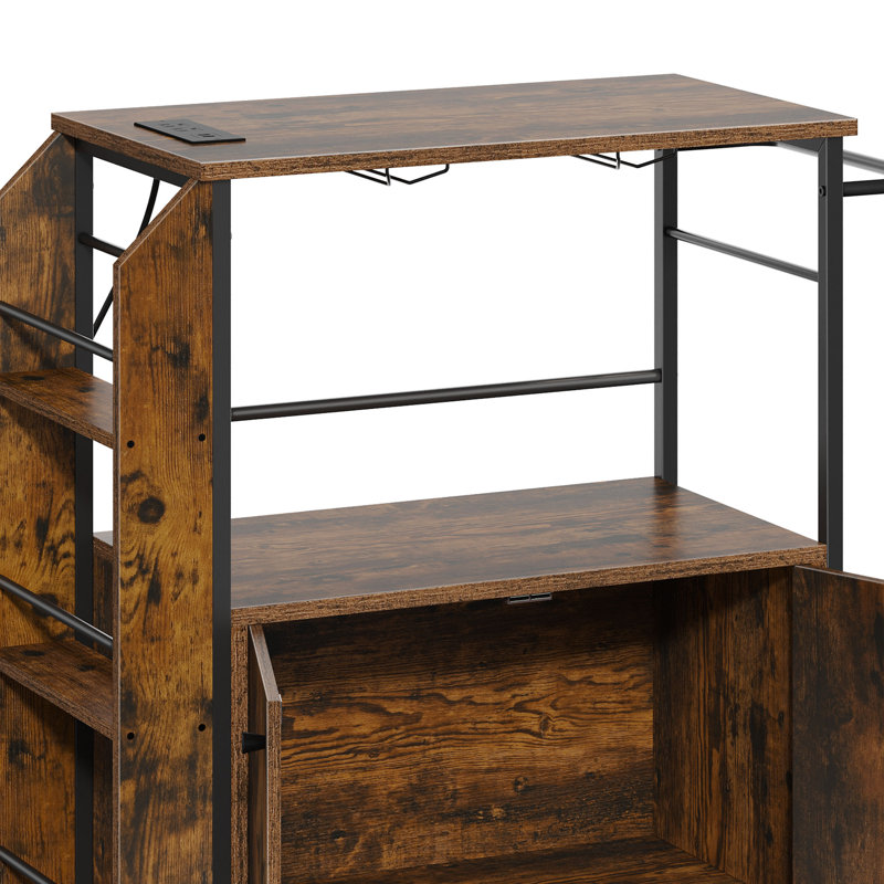 Tanyjah Portable Serving Cart Kitchen Cart With Charging Station and Stemware Rack, Rustic Brown