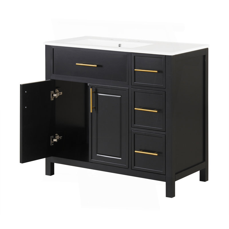 Meuble-lavabo 36 po avec comptoir d'évier, meuble-lavabo avec deux portes et trois tiroirs, bois massif, panneaux de fibres à densité moyenne, un paquet, noir