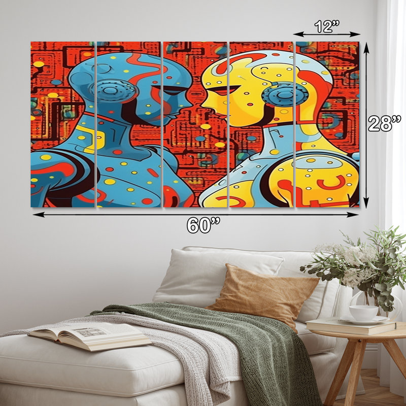 «Retro Robot Couple In Love I», reproduction d'art sur toile - 5 panneaux égaux