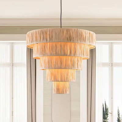 6 Light Dimmable Tiered Chandelier With Iron And Raphia Paper | Bohemian Rustic Hanging Ceiling Light In Wood Tone And Black Finish, Farmhouse Pendant Lighting For Living Room, Dining, Bedroom, Semi Flush Mount, Hard-Wired