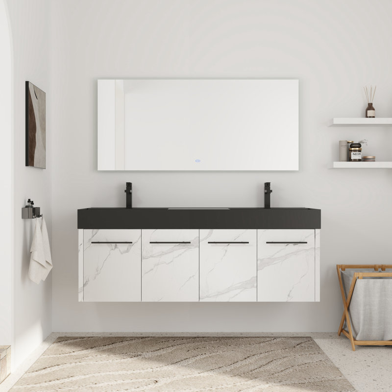 Meuble-lavabo double 60 po avec plateau en résine, Noir