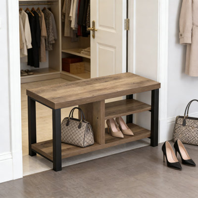 Shoe Storage Bench With Seating, Industrial Entryway Bench For Hallway, Living Room, And Bedroom, Rustic Oak Finish With Black Metal Frame, 43.3 Inch Shoe Organizer And Boot Rack