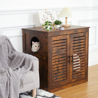 Enceinte de litière pour chat, Villa pour chat à double couche, Meuble de toilette caché pour chat avec cloison, Maison de chat en bois avec salle de bain et espace de divertissement, Armoire à litière pour chat agrandie, brun rustique