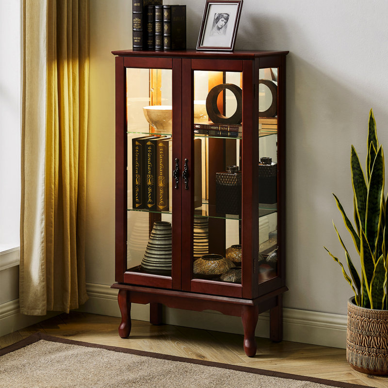 Cherry Curio Cabinet With Internal Lighting And Mirrored Back Panel Classic Display Tempered Glass Doors, Cherry