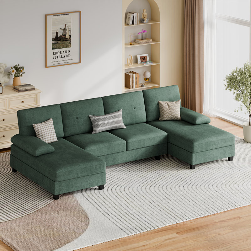 3-Piece Modular Upholstered Sectional Couch, Turquoise Cotton Blend