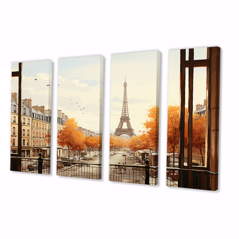 Tour Eiffel rustique Paris, vue de fenêtre III - ensemble d'art mural 4 pièces Paris, H 32 po x l 64 po