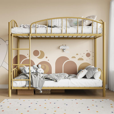Lit superposé en métal pour deux personnes, structure robuste avec barrière de sécurité arquée et échelle de sécurité, lit en acier solide, gain de place, sans sommier, couleur or