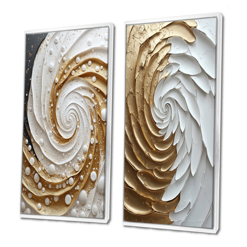 «White and Gold Rose Love Spiral I», ensemble de 2 pièces d'art abstrait spirales murales, H 40 po x l 40 po
