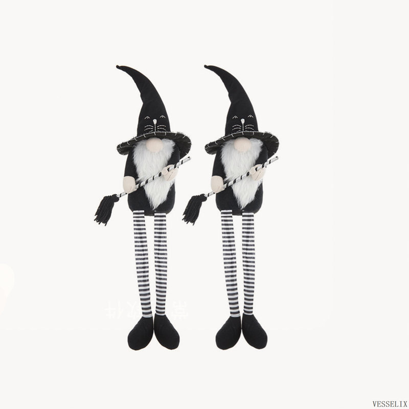 Ensemble de 2 gnomes noirs en tissu assis avec un balai et de longues pattes, 4,3 x 4 x 26,8 pouces pour Halloween