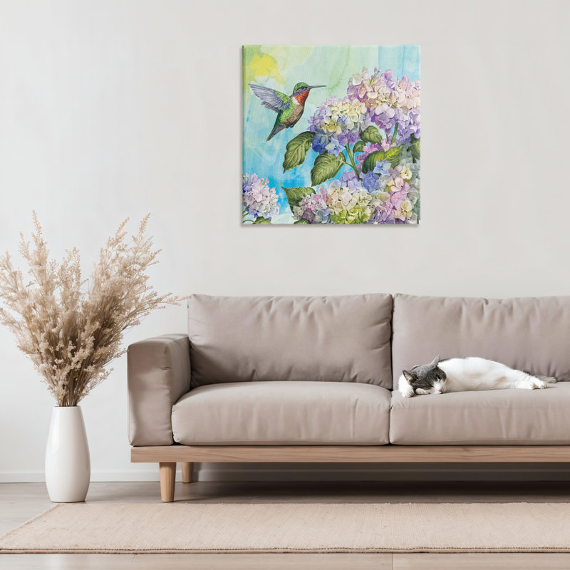 Colibri et toile d'hortensias, design par Tim Coffey, H 24 po x l 24 po