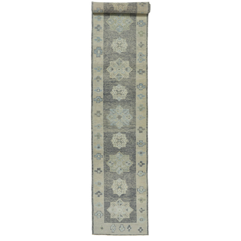 Tapis de couloir Oushak 3 x 17 gris et beige