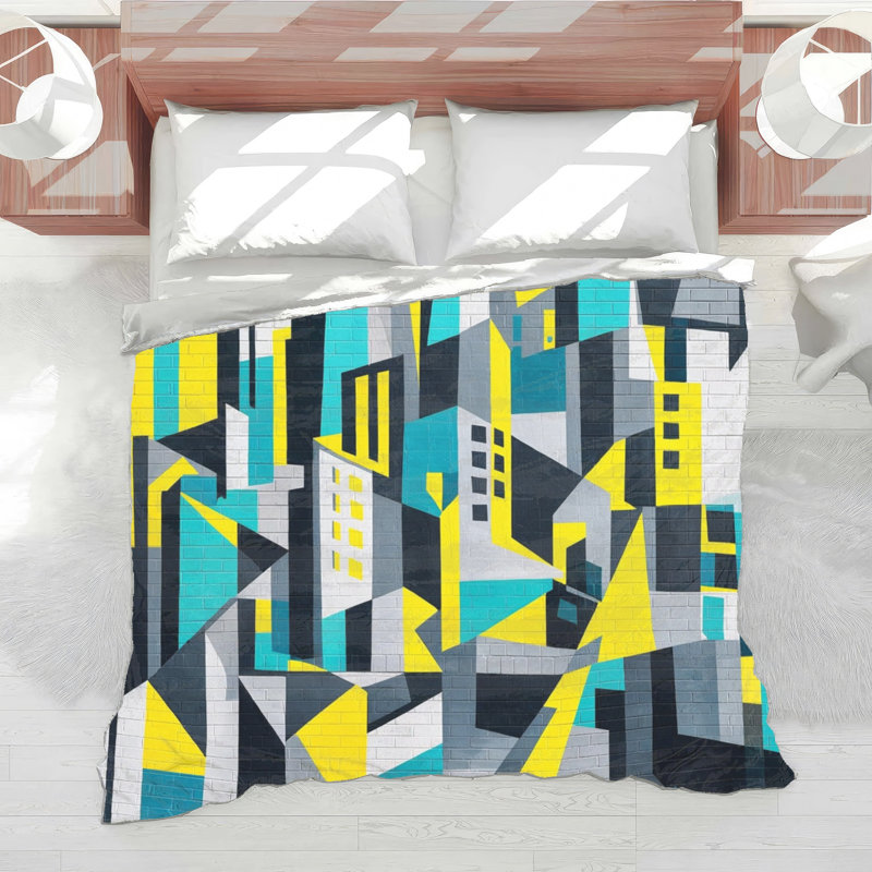 Abstract Cityscape Mural Comforter, Twin Extra Long, Gray Charcoal Bright Yellow